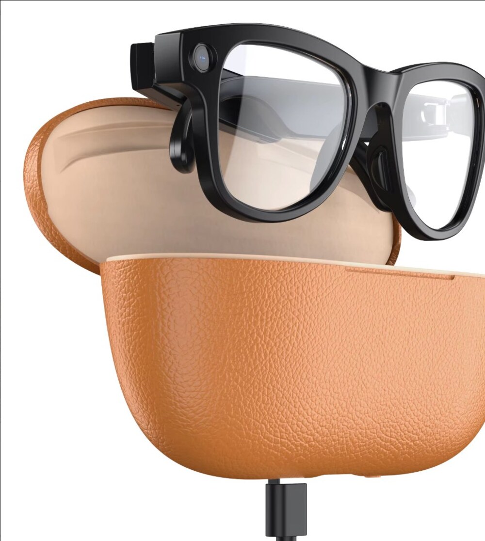 Orukka GlassPay folded with its premium tan leather charging case
