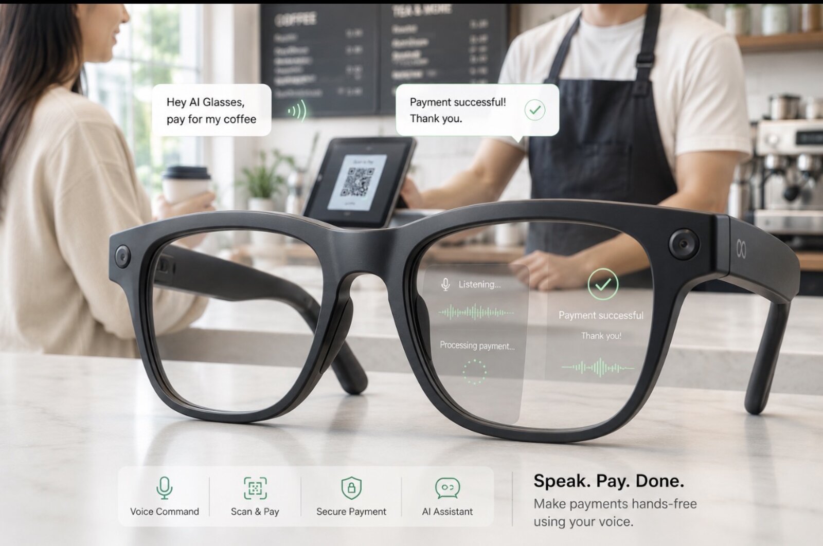 Person wearing Orukka GlassPay smart glasses in a coffee shop, with an on-lens overlay showing a voice command and a successful payment confirmation
