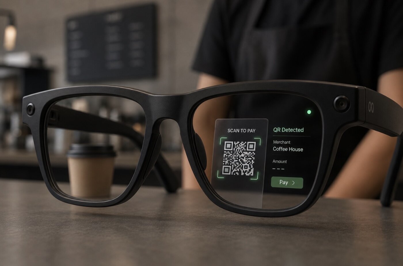Close-up of GlassPay lens showing a Scan to Pay QR code overlay with merchant Coffee House detected and a Pay button